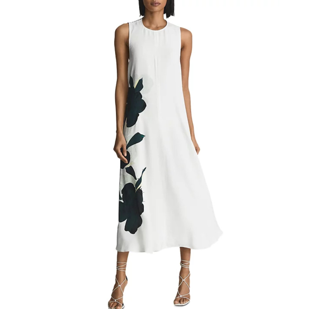 REISS Women's Aletta Floral MIDI Dress in White floral print size 4